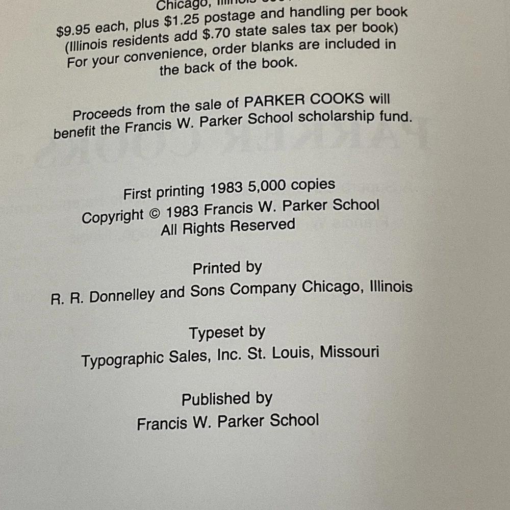 Francis W. Parker School Chicago IL Cookbook 1983 1st Print Parker Cooks